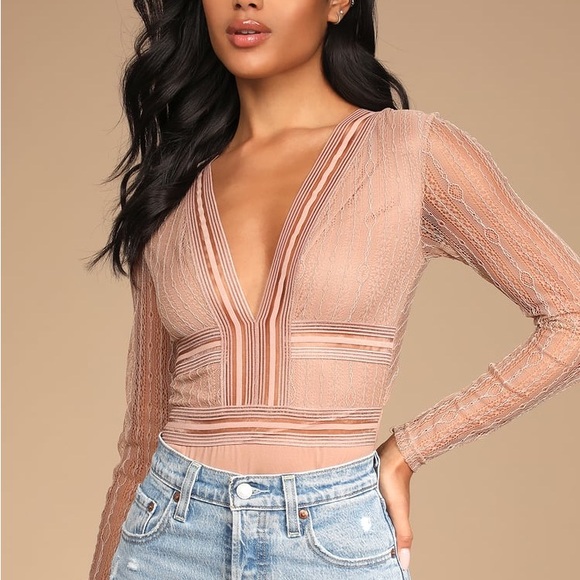 Lulus Tops - Lulus Casita Beige Sheer Lace Long Sleeve Bodysuit